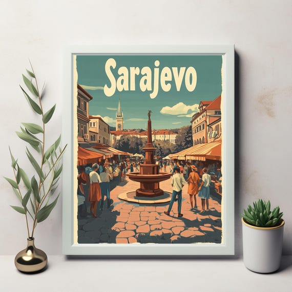 Vintage Sarajevo Market Scene Decorative Fountain And Historic Architecture In A Lively Community Atmosphere