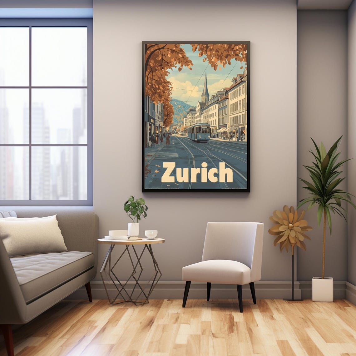 Vintage Zurich Street Scene Illustration With Tram And Charming Architecture Nostalgic Travel Art - Image 2
