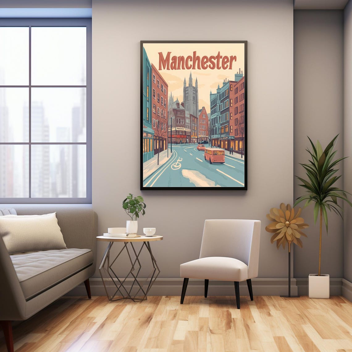 Vintage Manchester Street Scene With Gothic Landmark And Classic Red Bus Art Print For Instant - Image 3