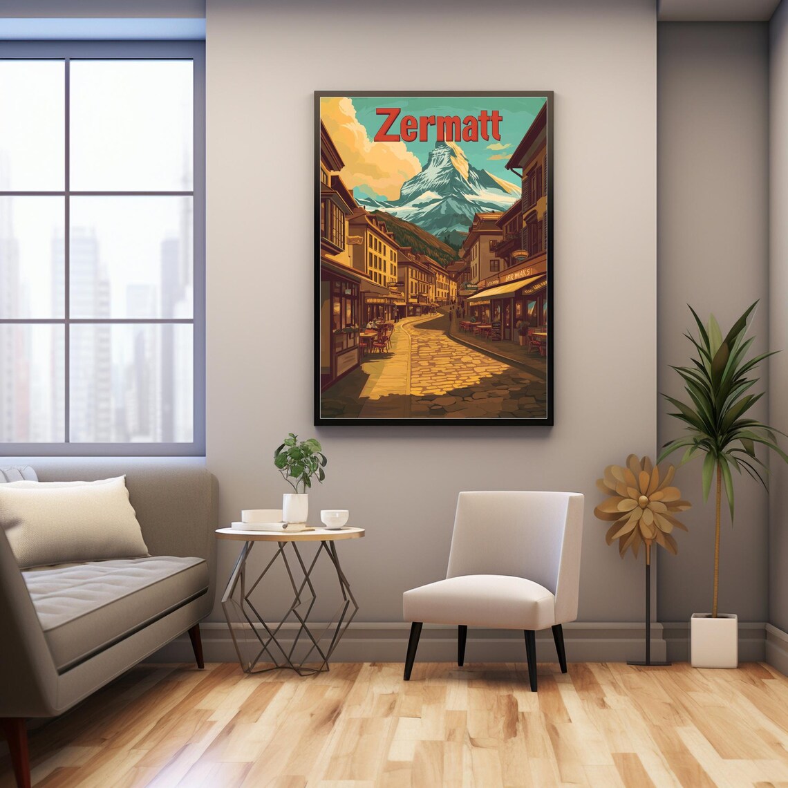Vintage Zermatt Street Scene With Matterhorn Charming Cobblestone Pathways And Vibrant Sky Art Print - Image 3