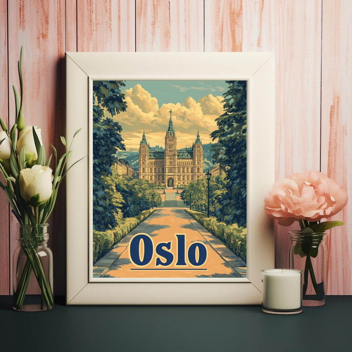 Vintage Oslo Illustration Grand Building With Lush Greenery And Soft Pastel Sky Wall Art - Image 2