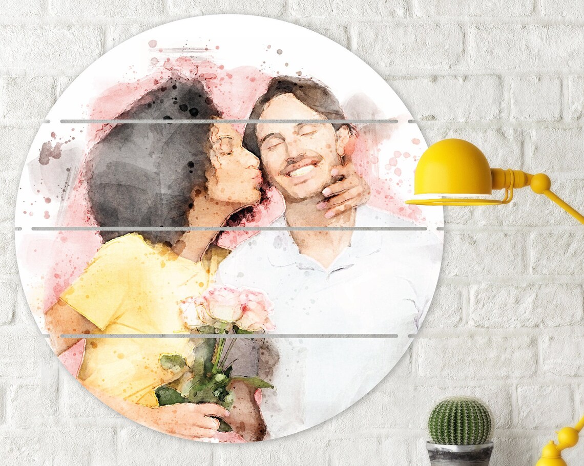 Custom Watercolor Couple Photo Portrait on Round Wood Poster