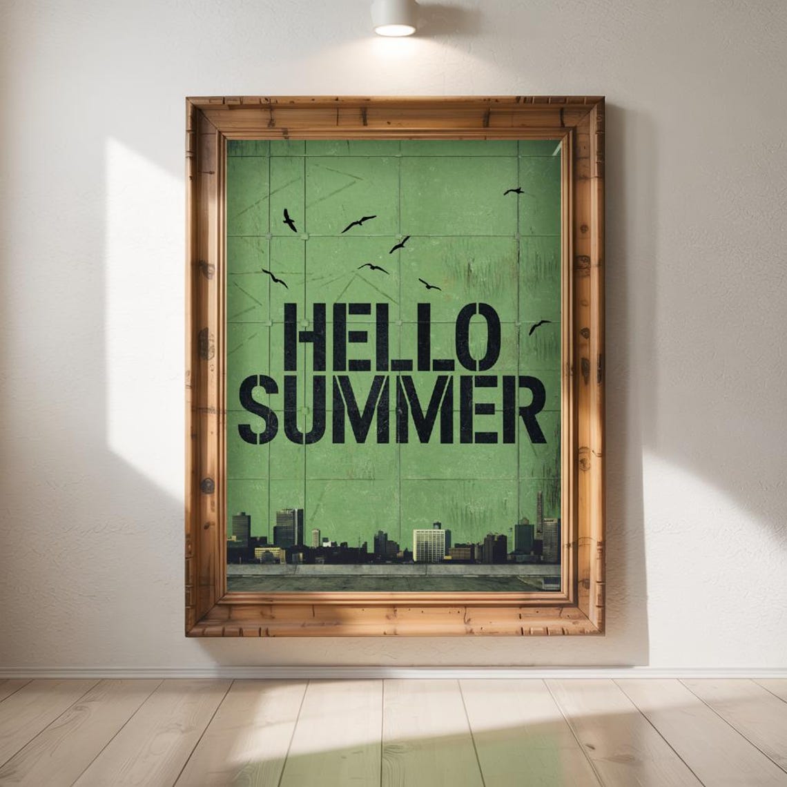 Hello Summer Stencil Typography Birds City Skyline Green Wall Poster