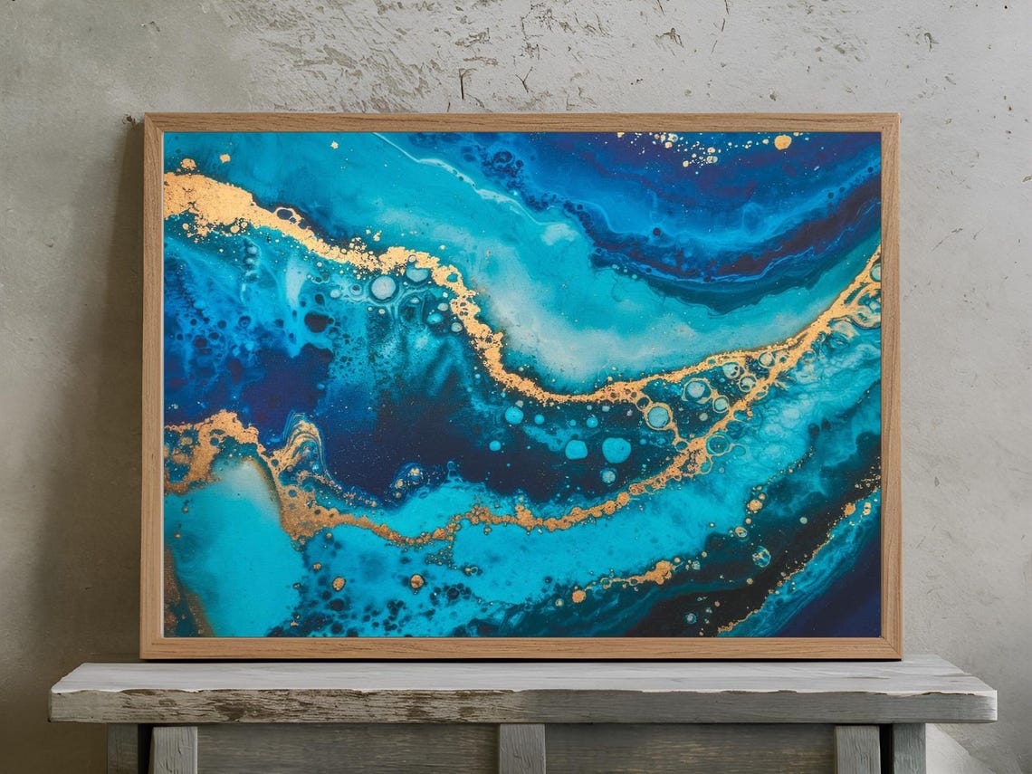Blue Marble Agate Gold Vein Ocean Abstract Elegant Art Print - Image 2