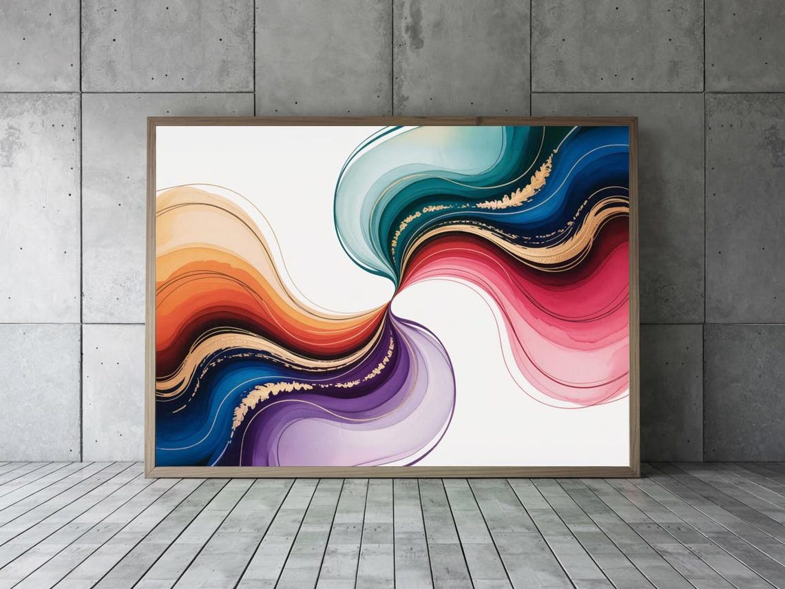 Flowing Alcohol Ink Ribbons In Teal Blue Pink Orange Wall Art