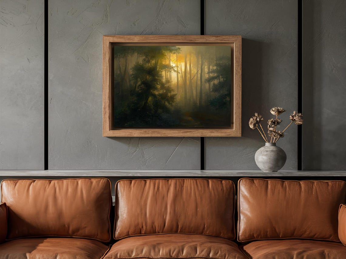 Golden Misty Forest Sunrise Tall Trees Ethereal Light Art Print - Image 2