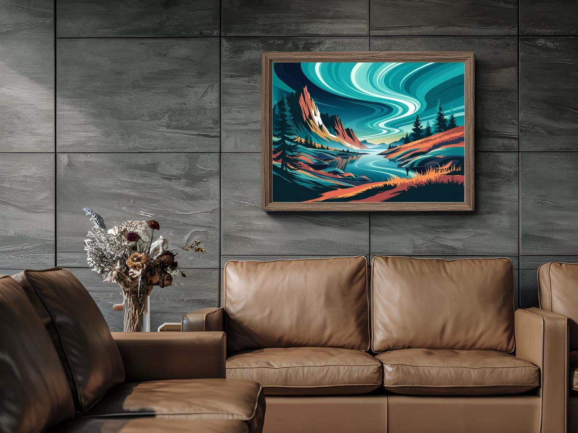 Aurora Borealis Over Mountain Valley Stylized Night Sky Poster - Image 2