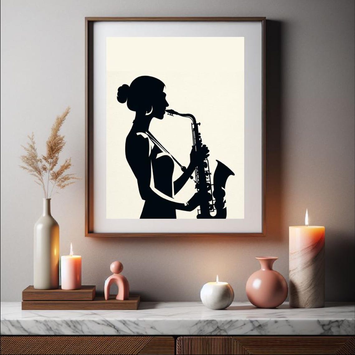 Female Saxophonist Silhouette Black Cream Jazz Musician Decor Print - Image 3