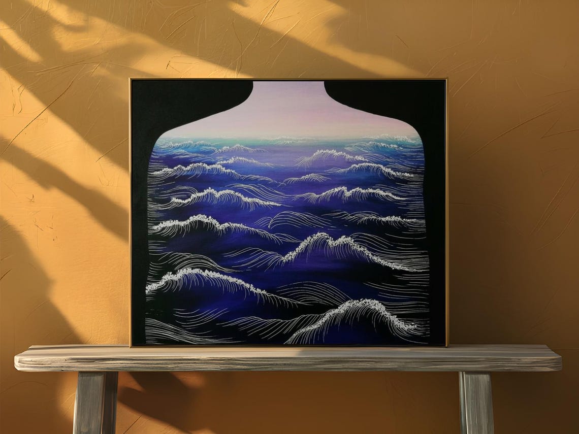 Vast Ocean Silhouette Indigo Waves Through Arch Line Art Poster - Image 2