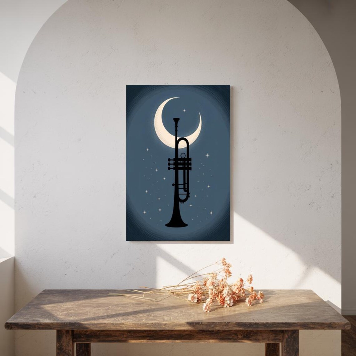 Trumpet Silhouette Crescent Moon Starry Night Blue Dreamy Music Poster - Image 3