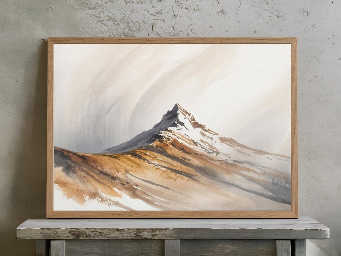 Snowy Mountain Peak in Sepia Tones Minimalist Watercolor Ridge Poster - Image 3