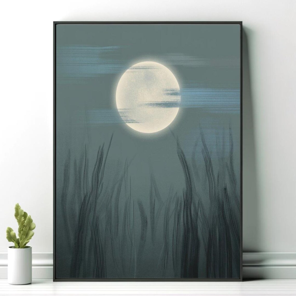 Full Moon Over Dark Reeds Luminous Teal Night Sky Moody Nature Poster