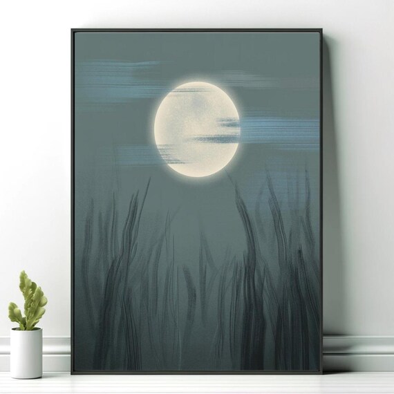 Full Moon Over Dark Reeds Luminous Teal Night Sky Moody Nature Poster