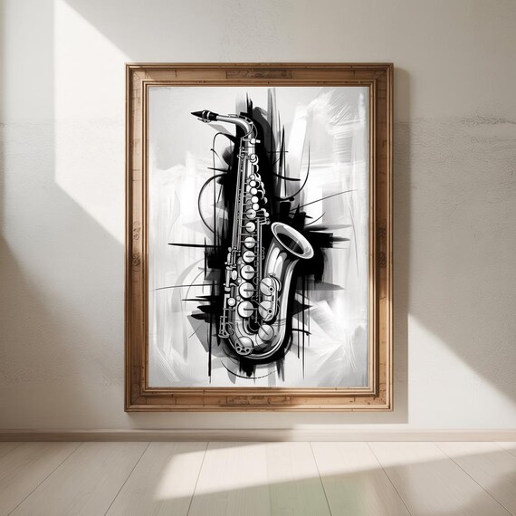 Black and White Abstract Saxophone With Bold Ink Strokes Poster