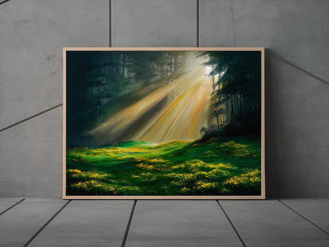Sunbeam Forest Meadow Green Valley Light Rays Classic Art Print - Image 2