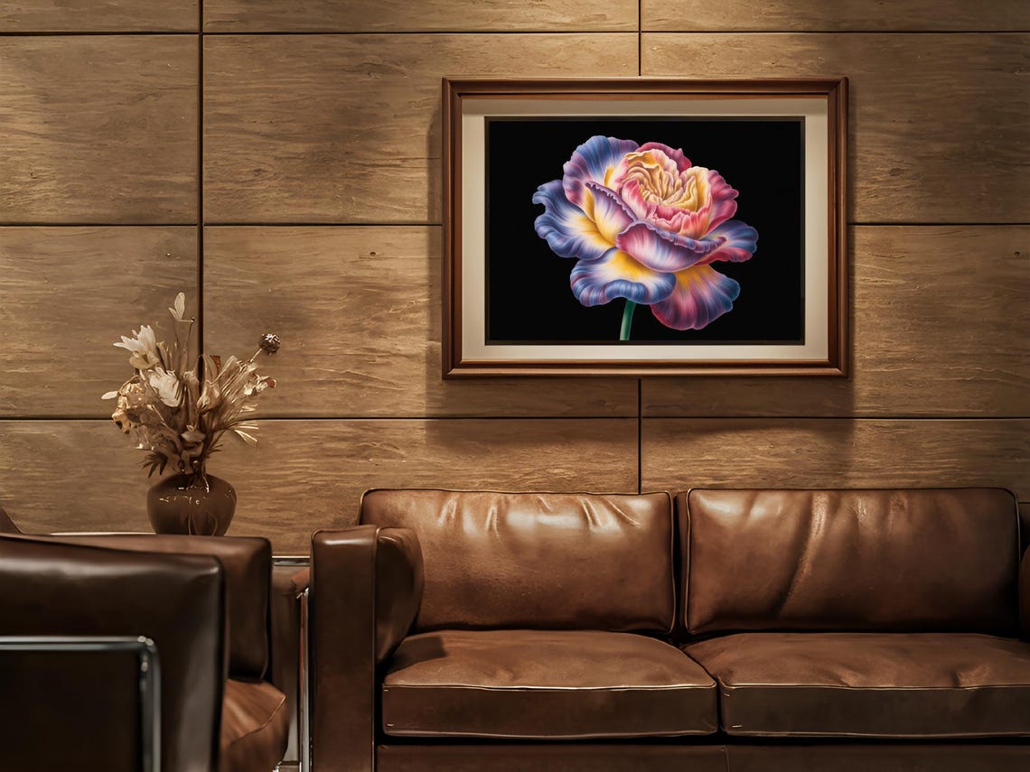 Colorful Striped Bloom on Black Background Modern Floral Poster - Image 2