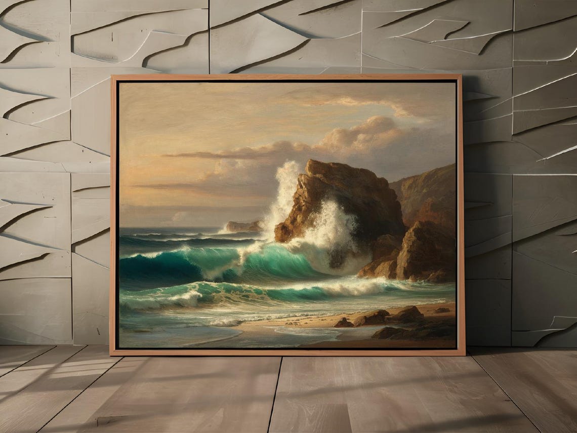 Turquoise Ocean Waves Crashing on Rocky Coast at Sunset Poster - Image 3