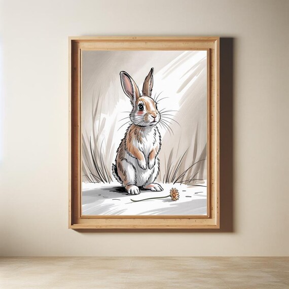 Cute Bunny With Flower Whimsical Kids Room Animal Art Poster