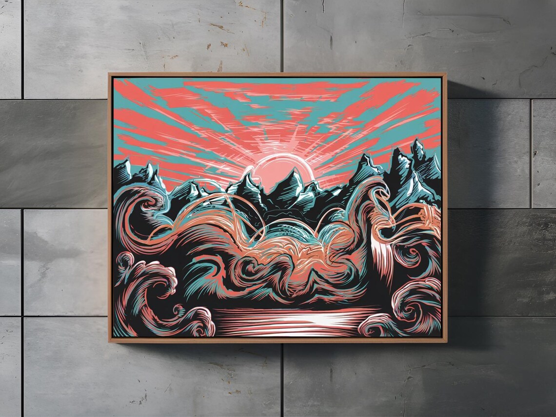 Bold Coral Teal Mountain Ocean Waves Graphic Landscape Poster