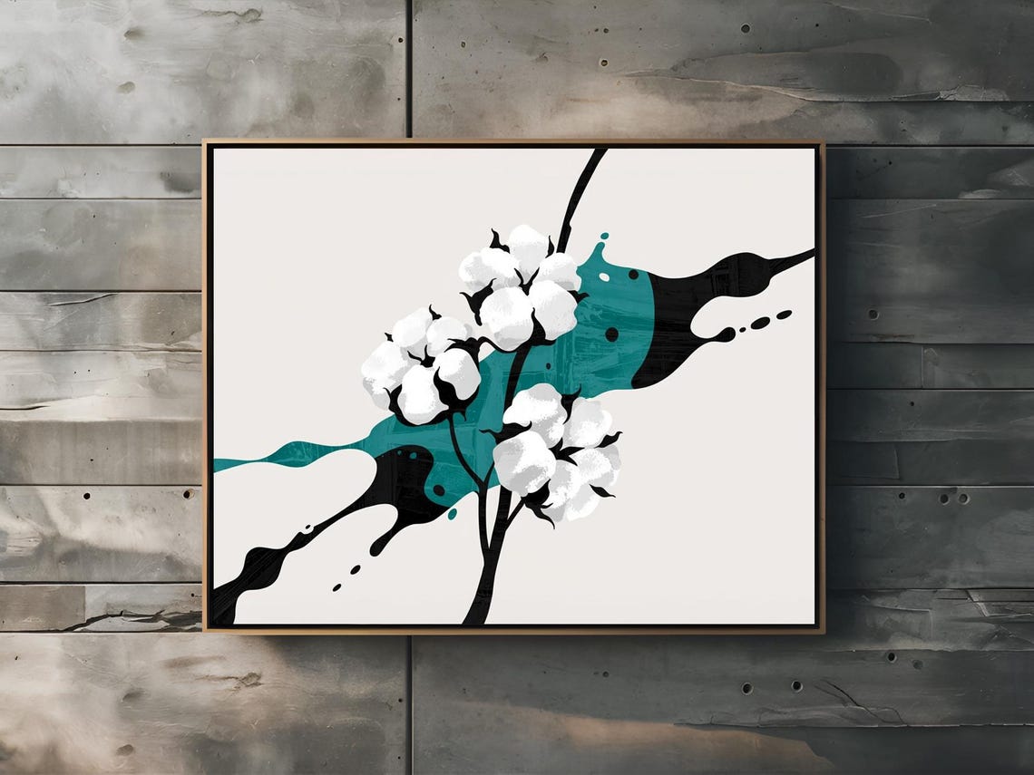 Bleached White Cotton Bolls Teal Black Ink Splatter Art Poster
