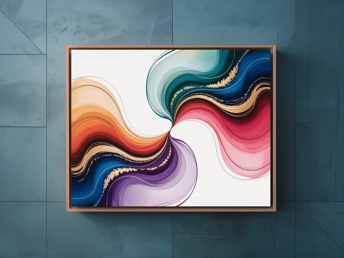 Flowing Alcohol Ink Ribbons In Teal Blue Pink Orange Wall Art - Image 2