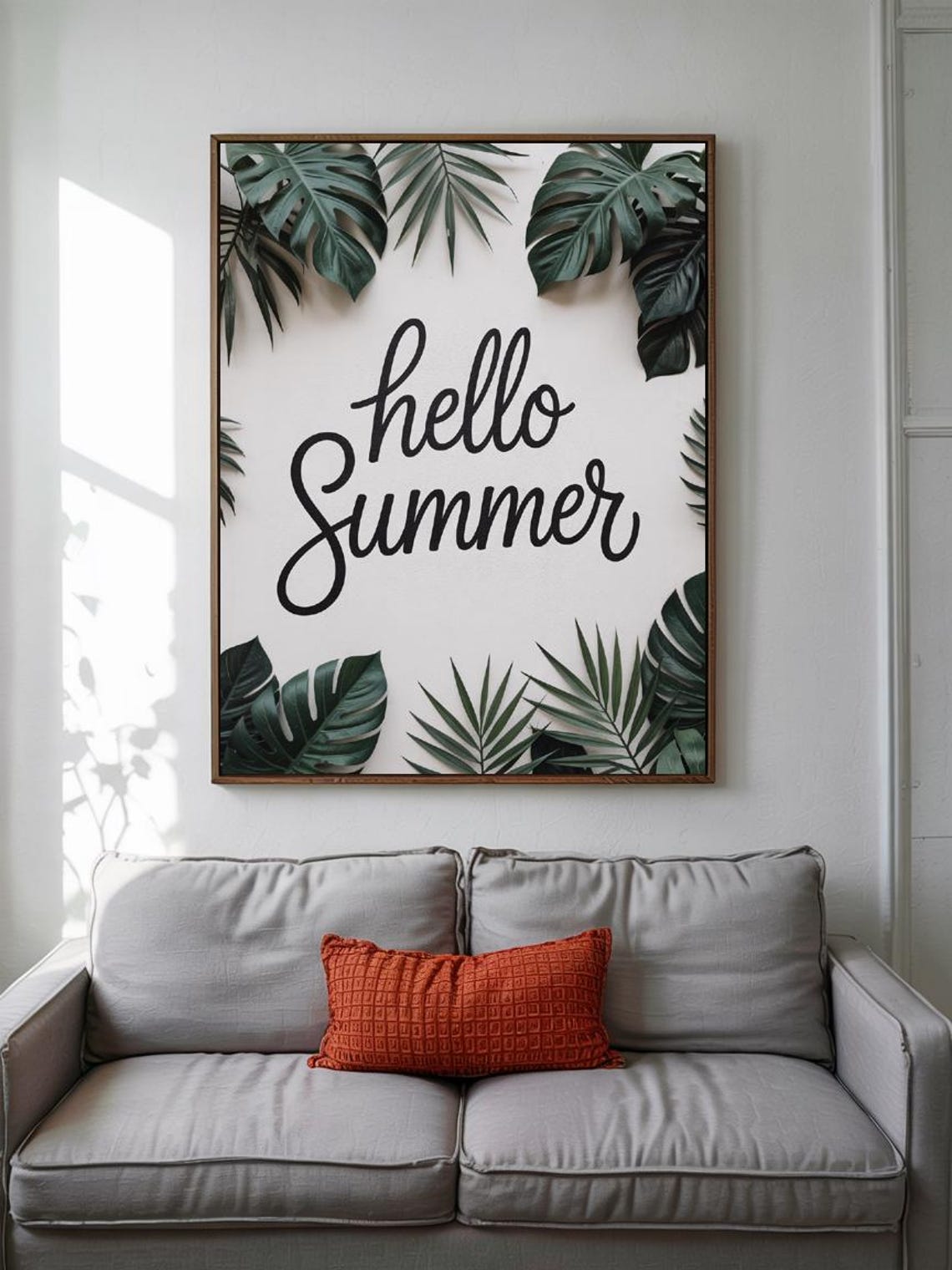 Hello Summer Tropical Monstera Leaves Script Botanical Decor Print - Image 2