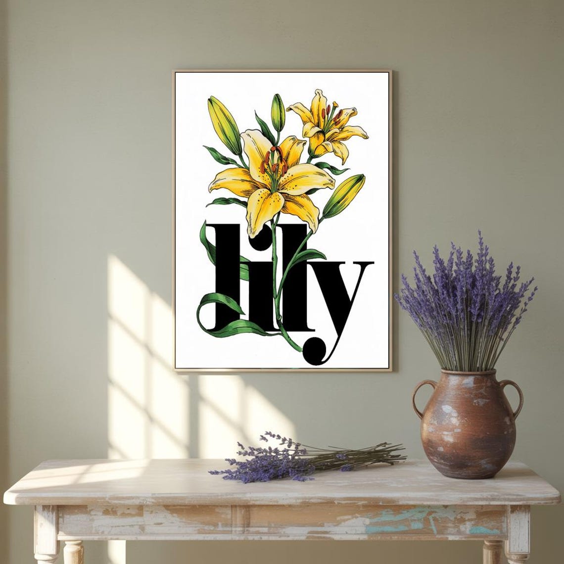 Yellow Lily Botanical Art With Bold Black Lily Lettering Poster