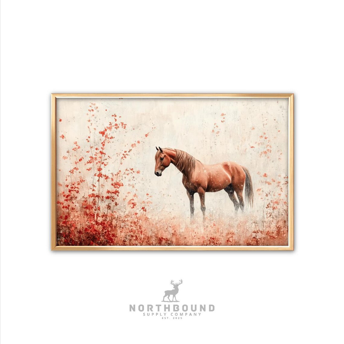 Chestnut Horse Among Red Wildflowers Pastel Equestrian Poster