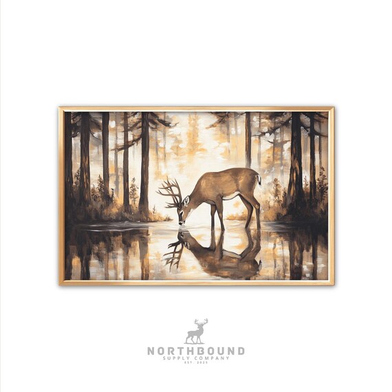 White Tailed Buck Drinking at Forest Pond Golden Light Poster