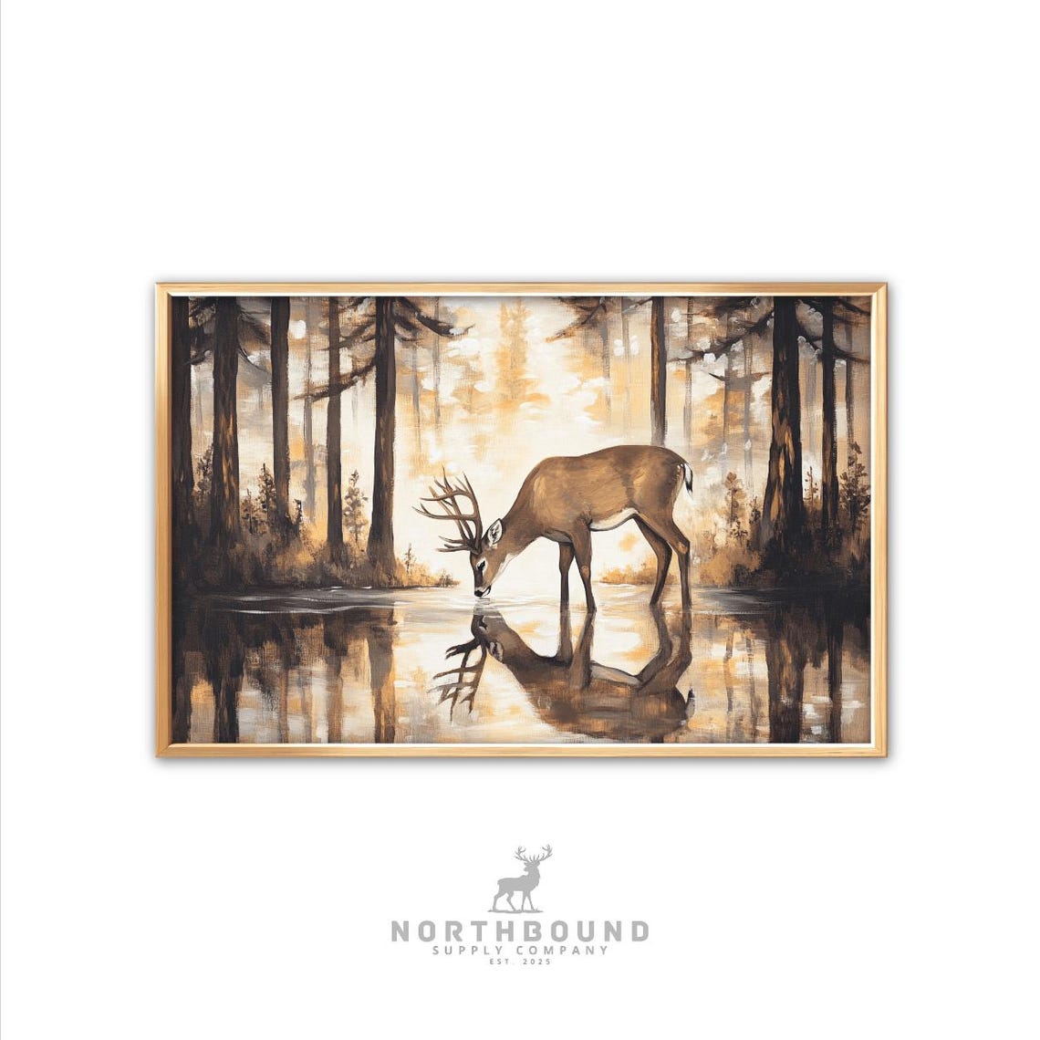 White Tailed Buck Drinking at Forest Pond Golden Light Poster