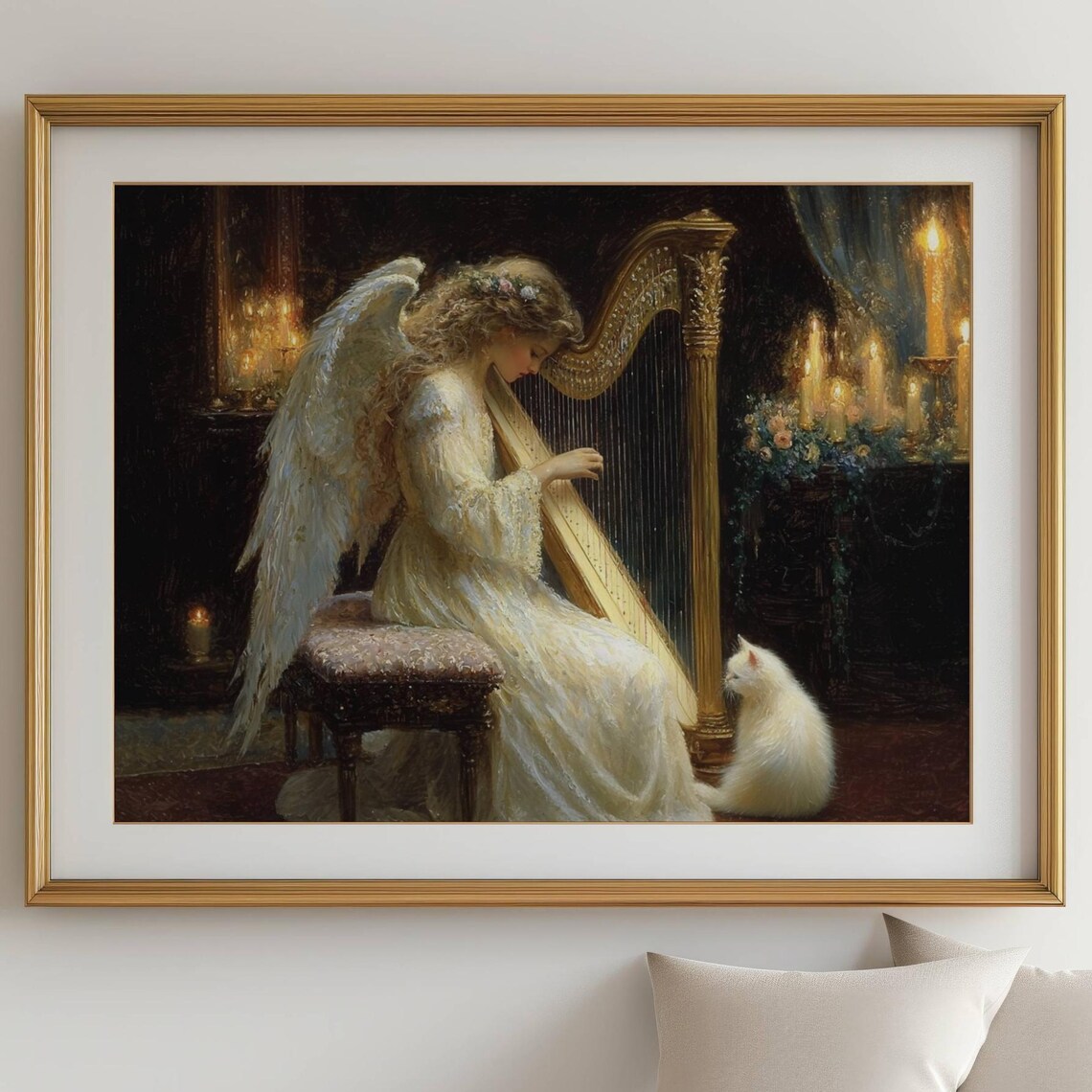 Angel Playing Harp With White Cat Music Print