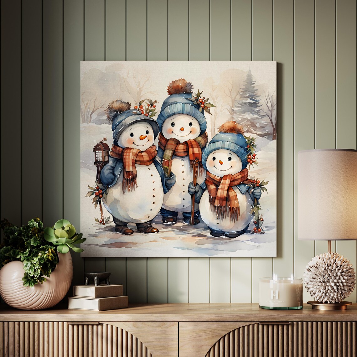 Watercolor Snowman Family, Christmas Art Print