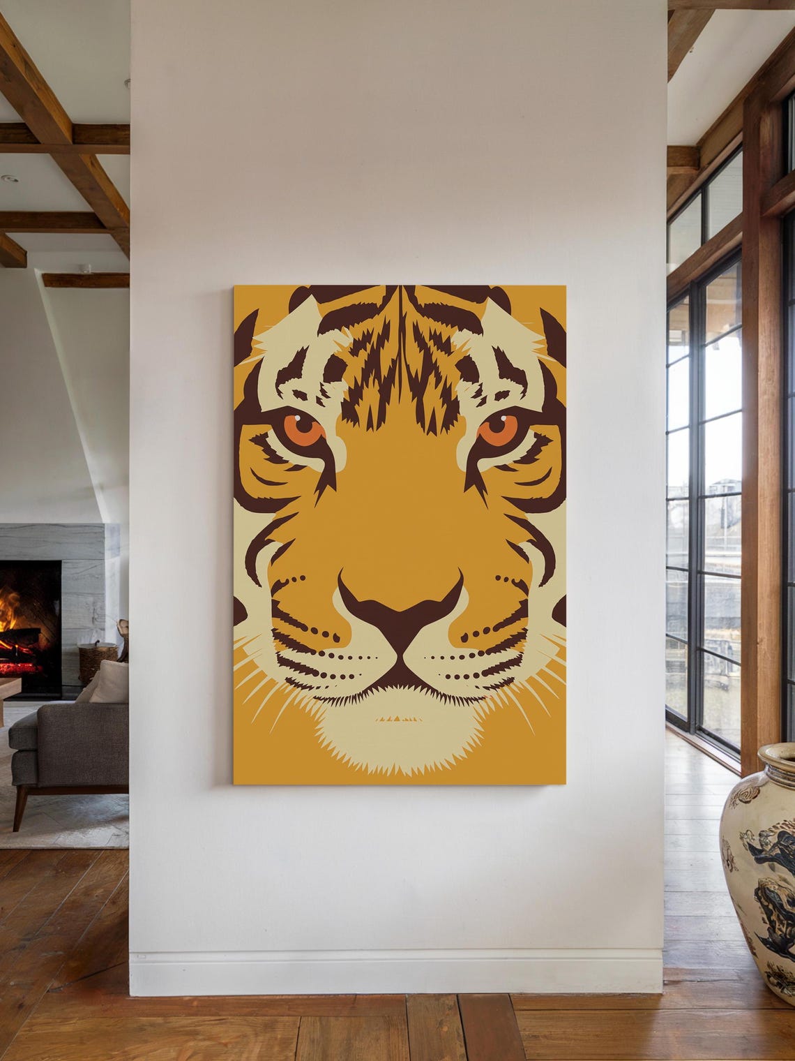 Retro Tiger Face Front View Bold Yellow Pop Art Big Cat Poster