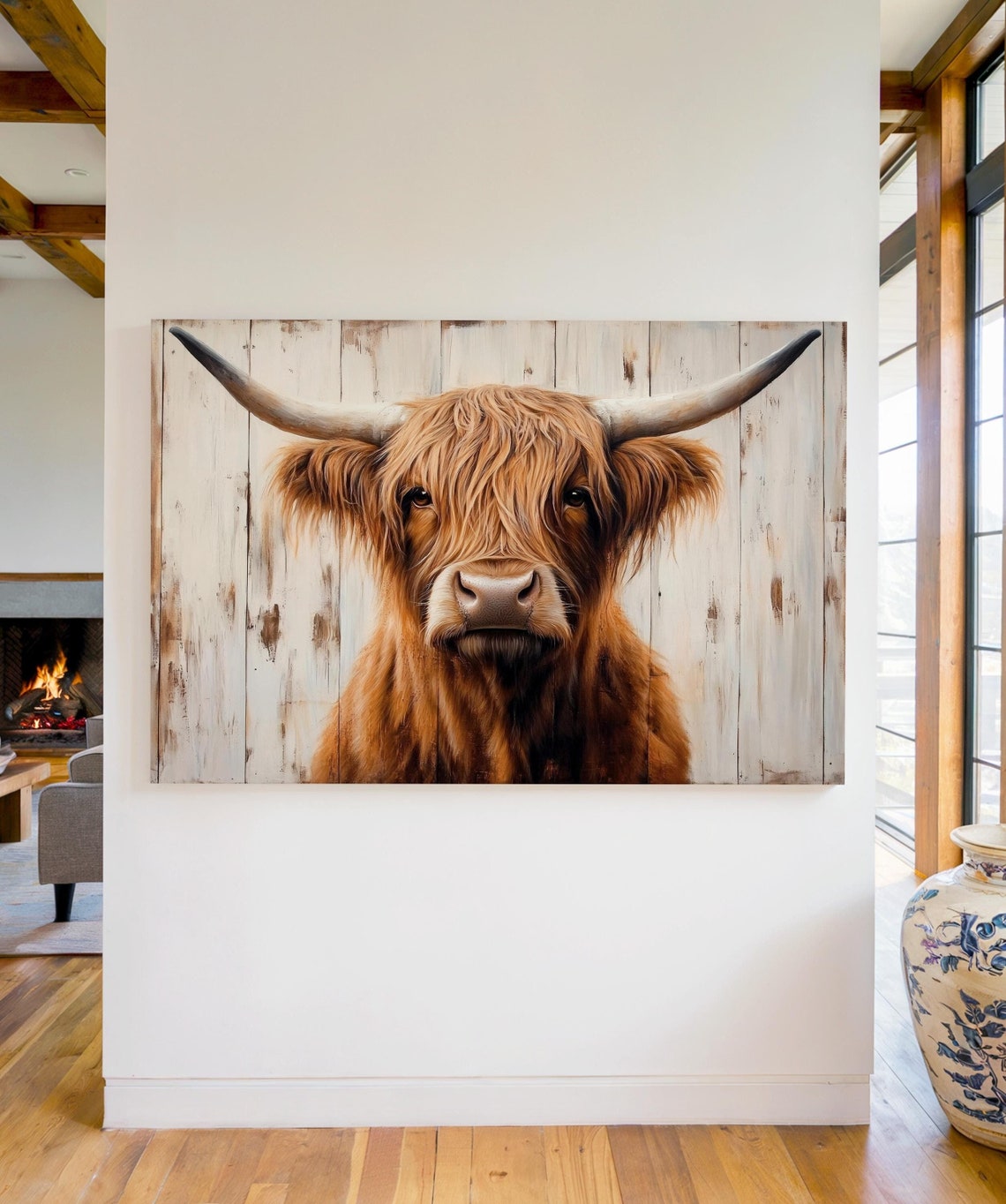 Highland Cow Close Up Portrait Rustic Farmhouse Distressed Wood Poster