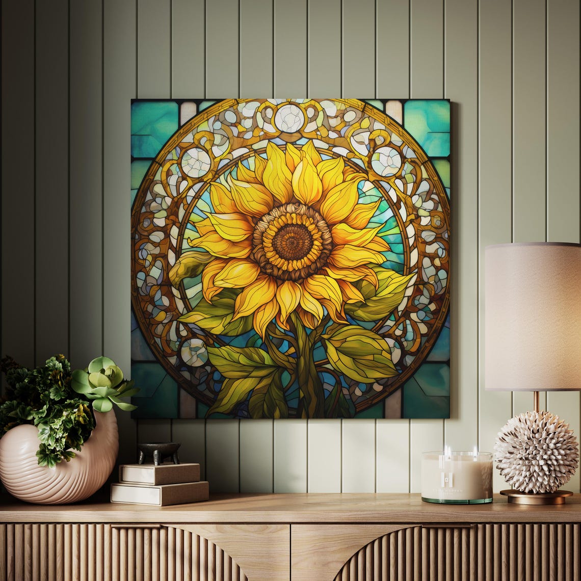 Stained Glass Sunflower Wall Art Print Sunflower Wall Art Floral Wall Hanging Flower Painting Farmhouse Stain Glass Home Decor
