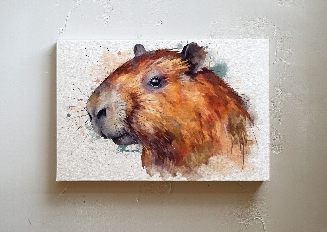 Watercolor Capybara Portrait Splash Paint Cute Animal Art Poster