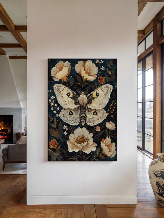 Moth Flowers Wall Art Print Vintage Boho Botanical Wall Art Floral Cottagecore Decor Insect Art Art Nouveau Prints