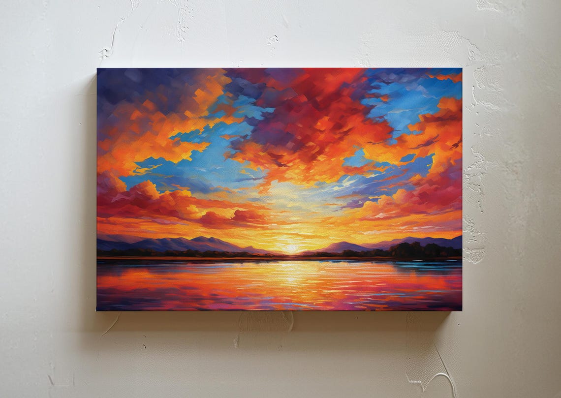 Fiery Lake Sunset Blazing Orange Clouds Mountain Reflection Poster