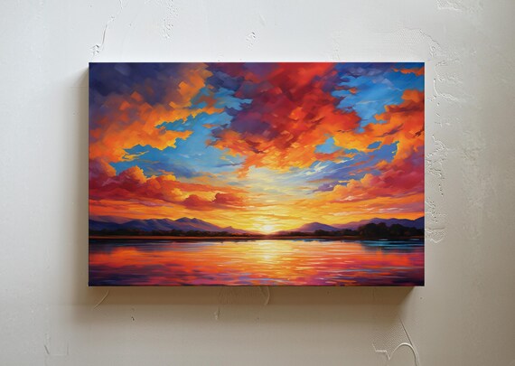 Lake Sunset Wall Art Print Sunset Decor Sunset Wall Art Lake House Decor Mountain Sunset Picture Nature Landscape Oil Painting