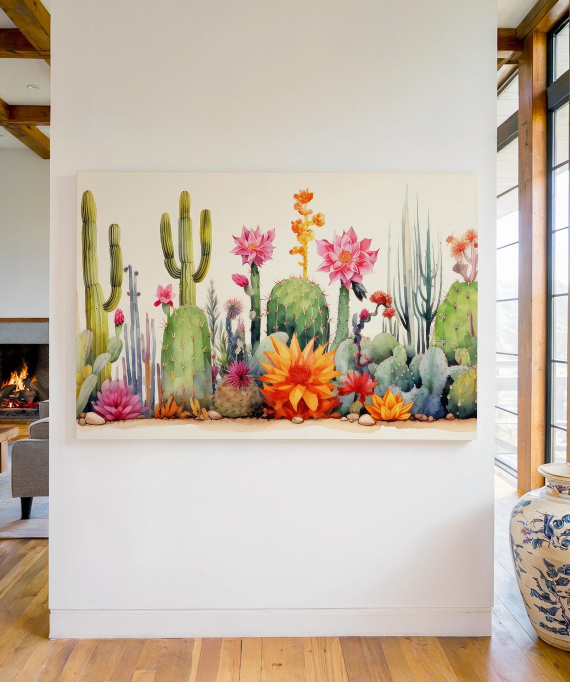 Watercolor Cactus Garden Blooming Flowers Desert Botanical Art Poster