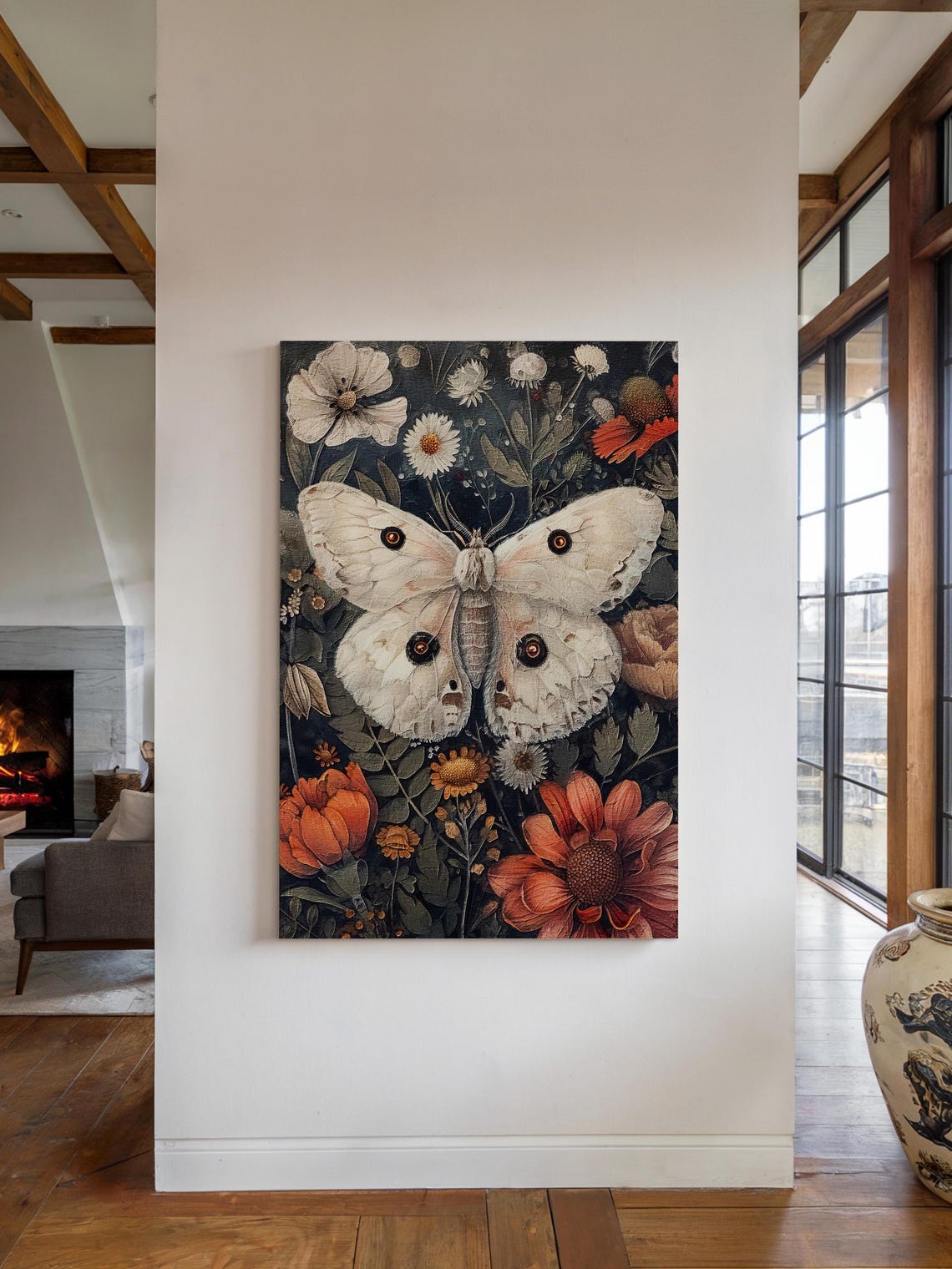 White Moth Wildflowers Dark Botanical Vintage Art Nouveau Style Poster