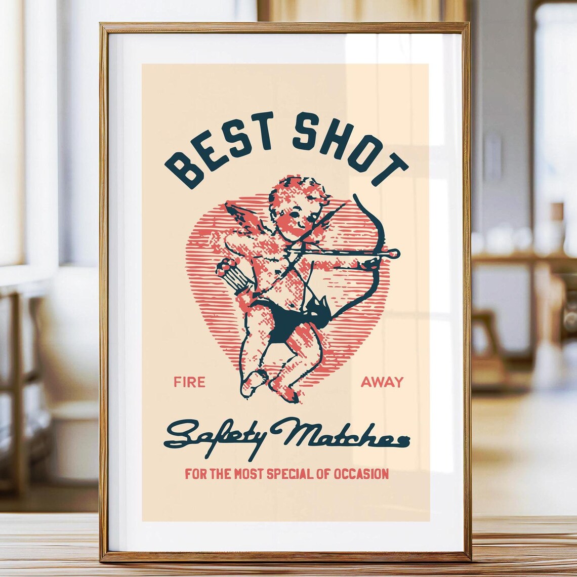 Best Shot Fire Away Cupid Vintage Matchbox Label Valentine Poster