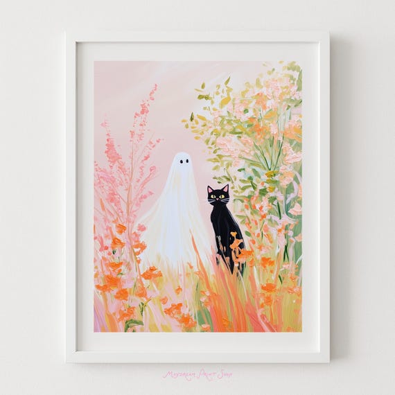 Halloween And Black Cat Art Spooky Home Decor Autumn Colors Fall Flowers Painting Kids Room Cute Poster