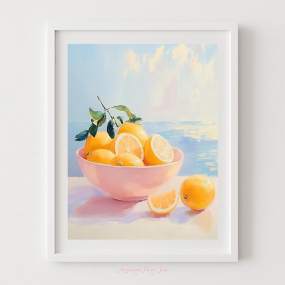 Pastel Bowl of Lemons Coastal Kitchen Still Life Painting Poster