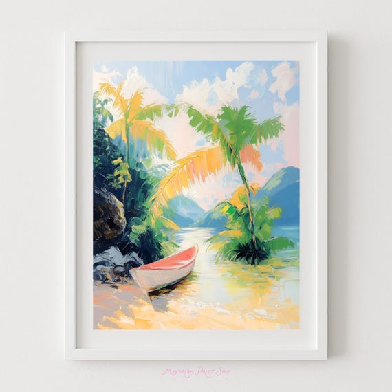 Rainforest Boat Artwork Tropical Colorful Wall Print Fishing Decor Palm Tree Painting Amazon Jungle Art Kids Room