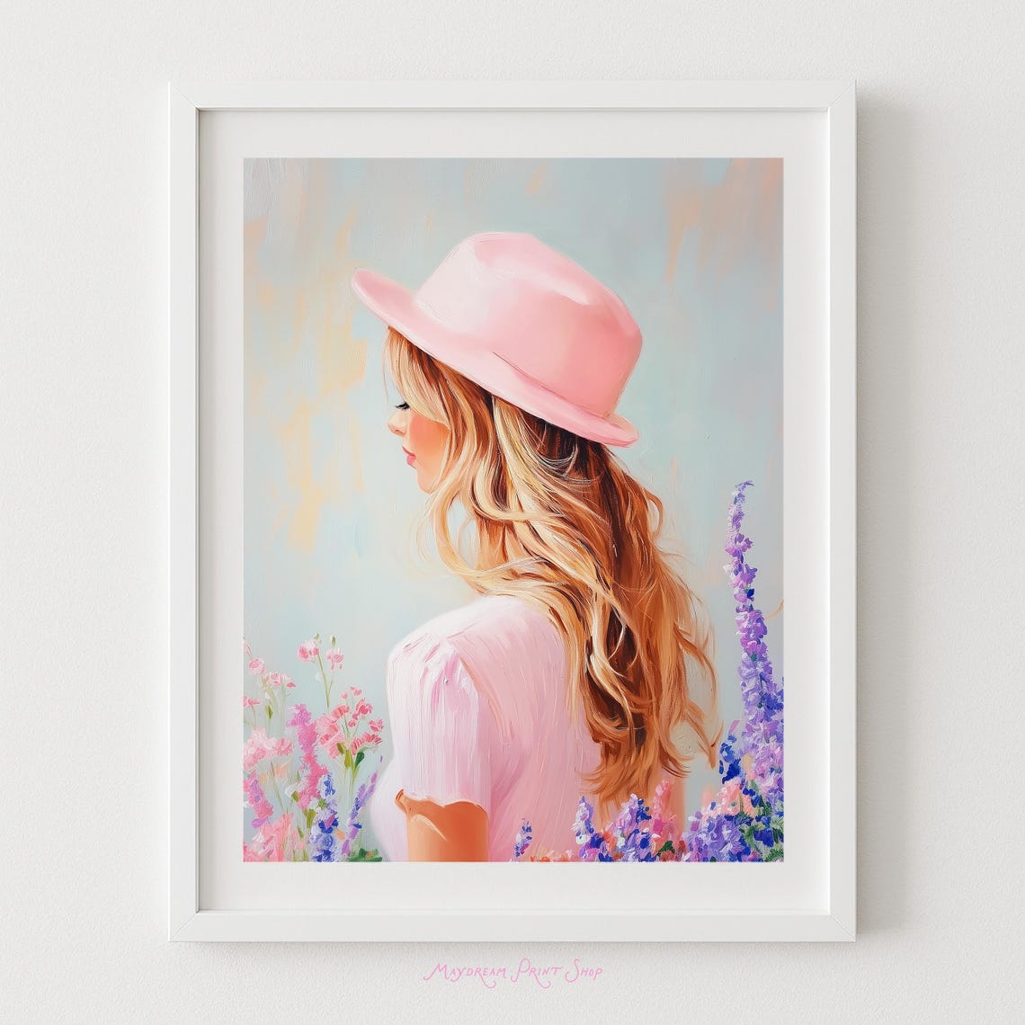 Woman in Pink Hat Floral Portrait Soft Romantic Painting Poster