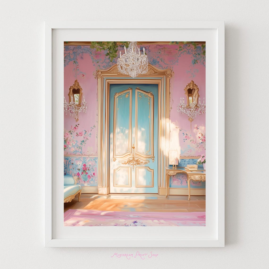Blue Rococo Palace Door Pink Floral Interior Pastel Art Print