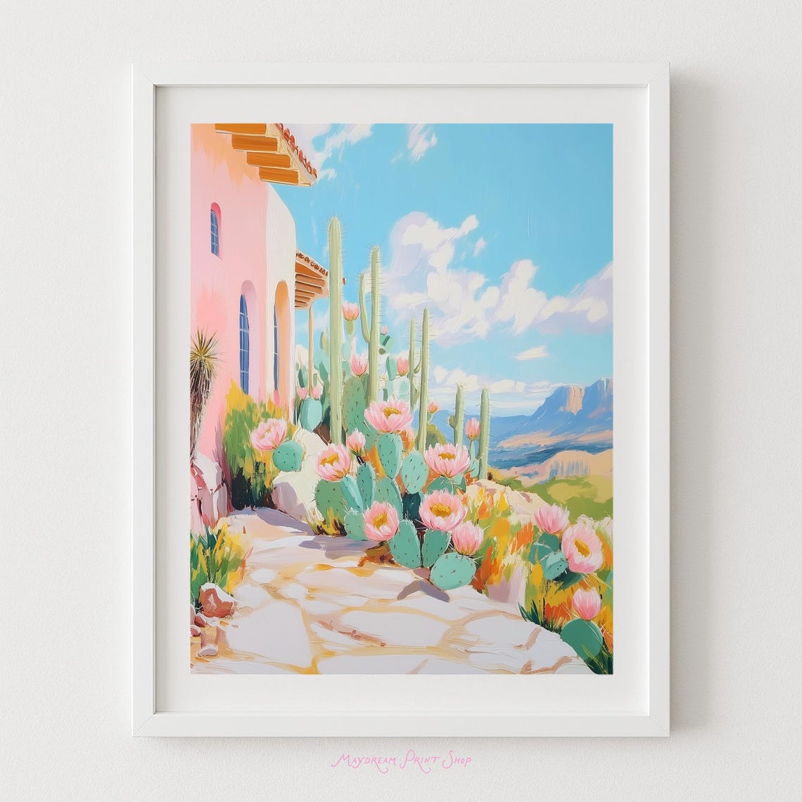 Blooming Pink Cactus Flowers Adobe House Desert Landscape Poster