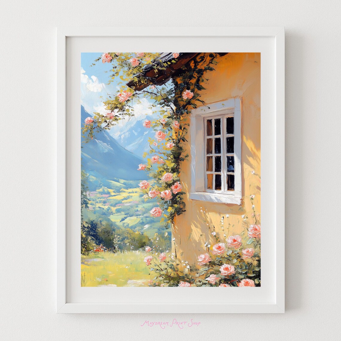 Swiss Alps Yellow Cottage Roses Mountain Valley Floral Wall Art