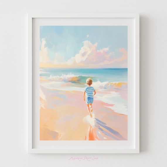 Boy Running On Beach Pastel Ocean Painting Kids Room Wall Art